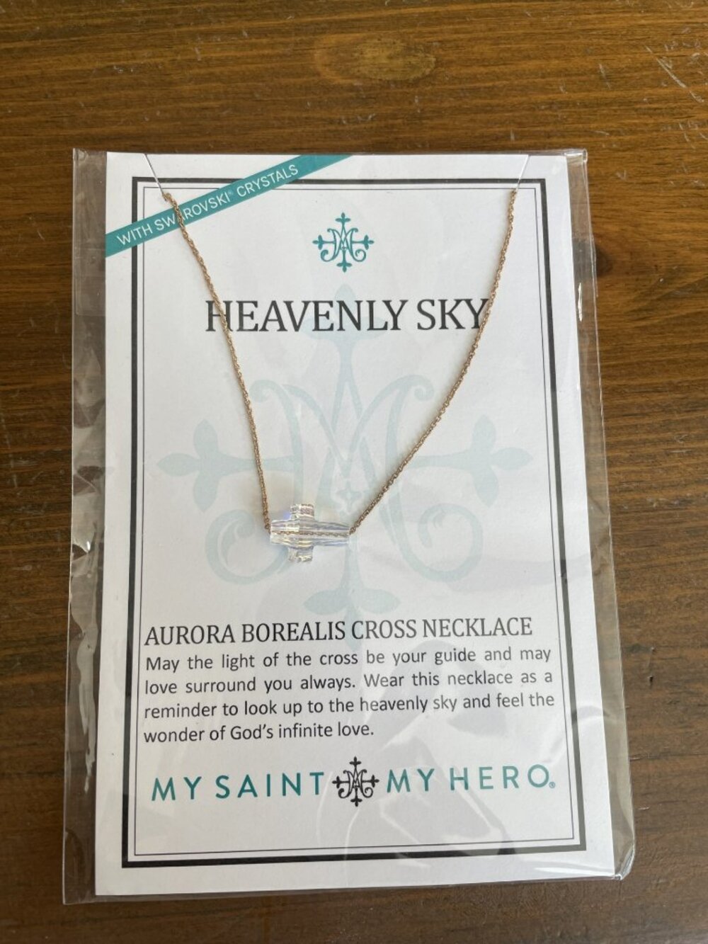 My Saint My Hero Aurora Borealis Cross Necklace Swarovski crystal